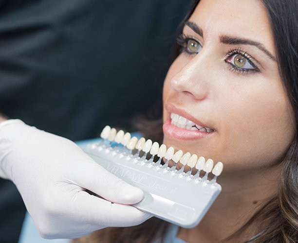 Woman's smile compared with porcelain veneer shade chart during cosmetic dentistry visit