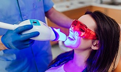 Dentist applying ultraviolet light to speed up woman’s teeth whitening