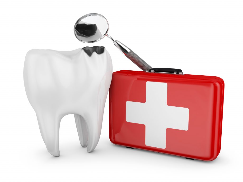 a cracked tooth and an emergency medical kit