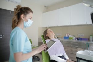 Woman at dentist in Las Cruces in clean office.