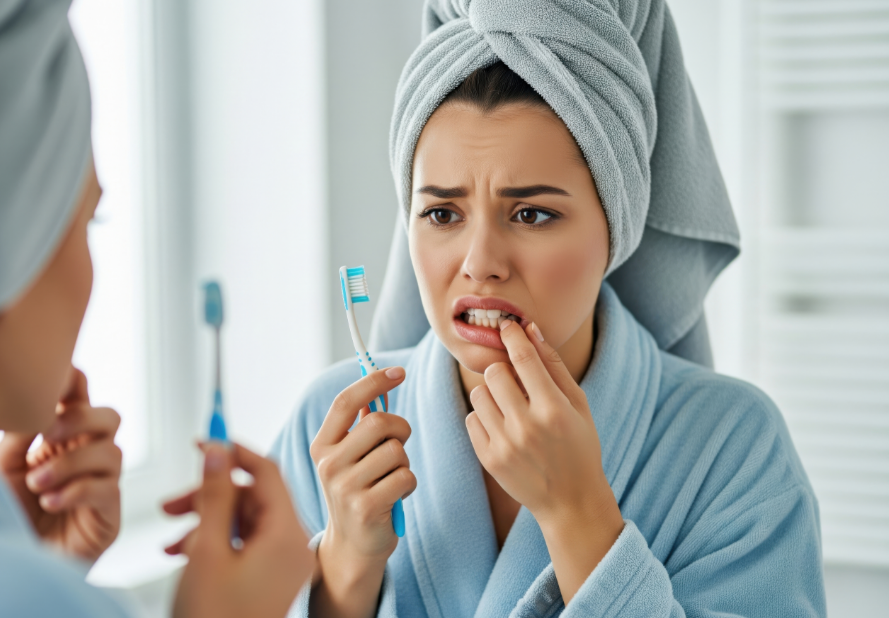 Woman examining gums